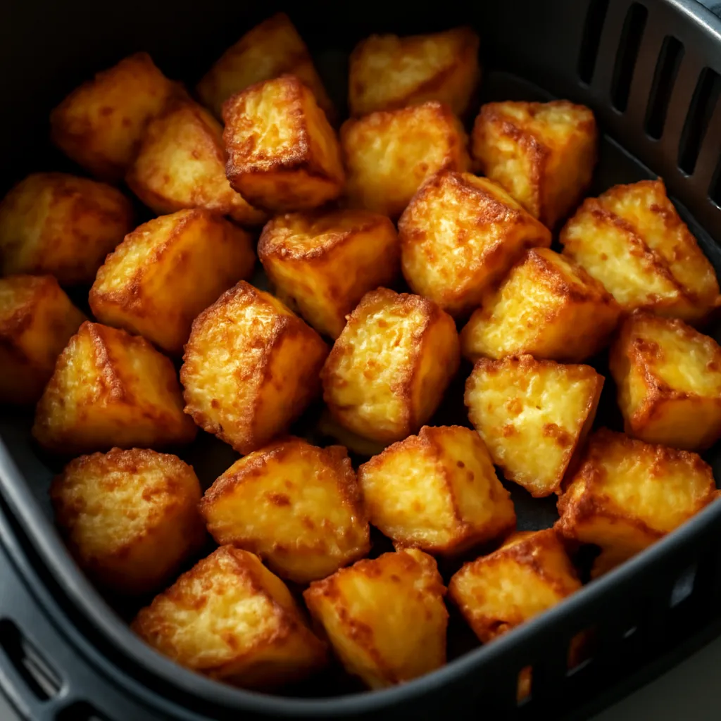 Crispy golden air fryer roast potatoes in an air fryer basket