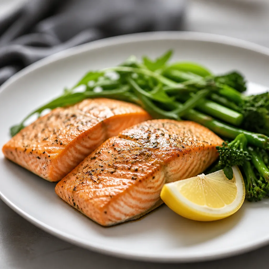 Two air fryer salmon fillets with lemon and green vegetables on a plate