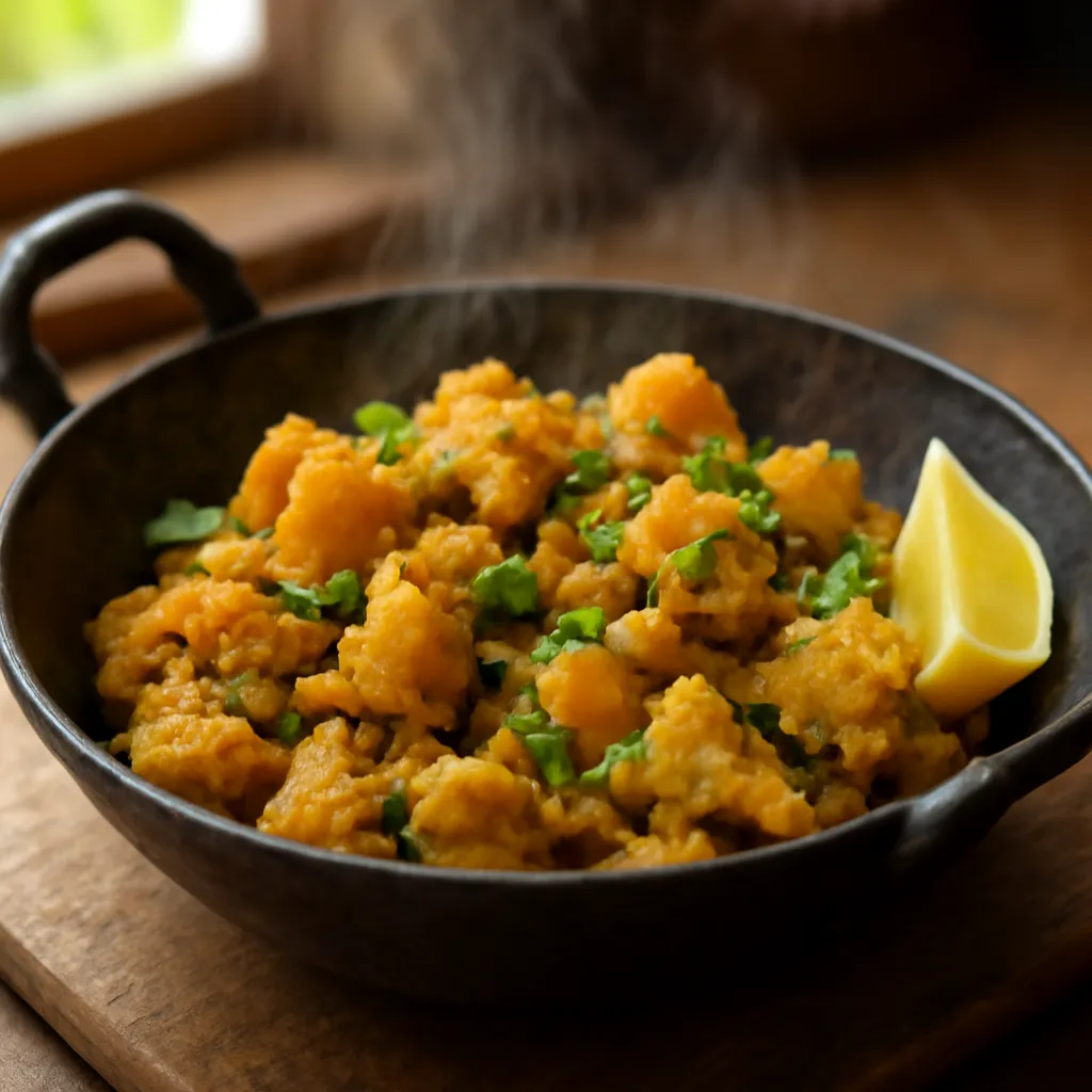 Dry aloo gobi with golden potato and cauliflower florets, scattered with fresh coriander in a black karahi