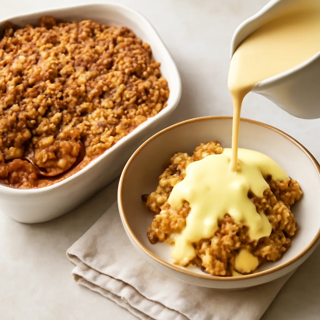 Golden apple crumble in a dish with a portion served with custard