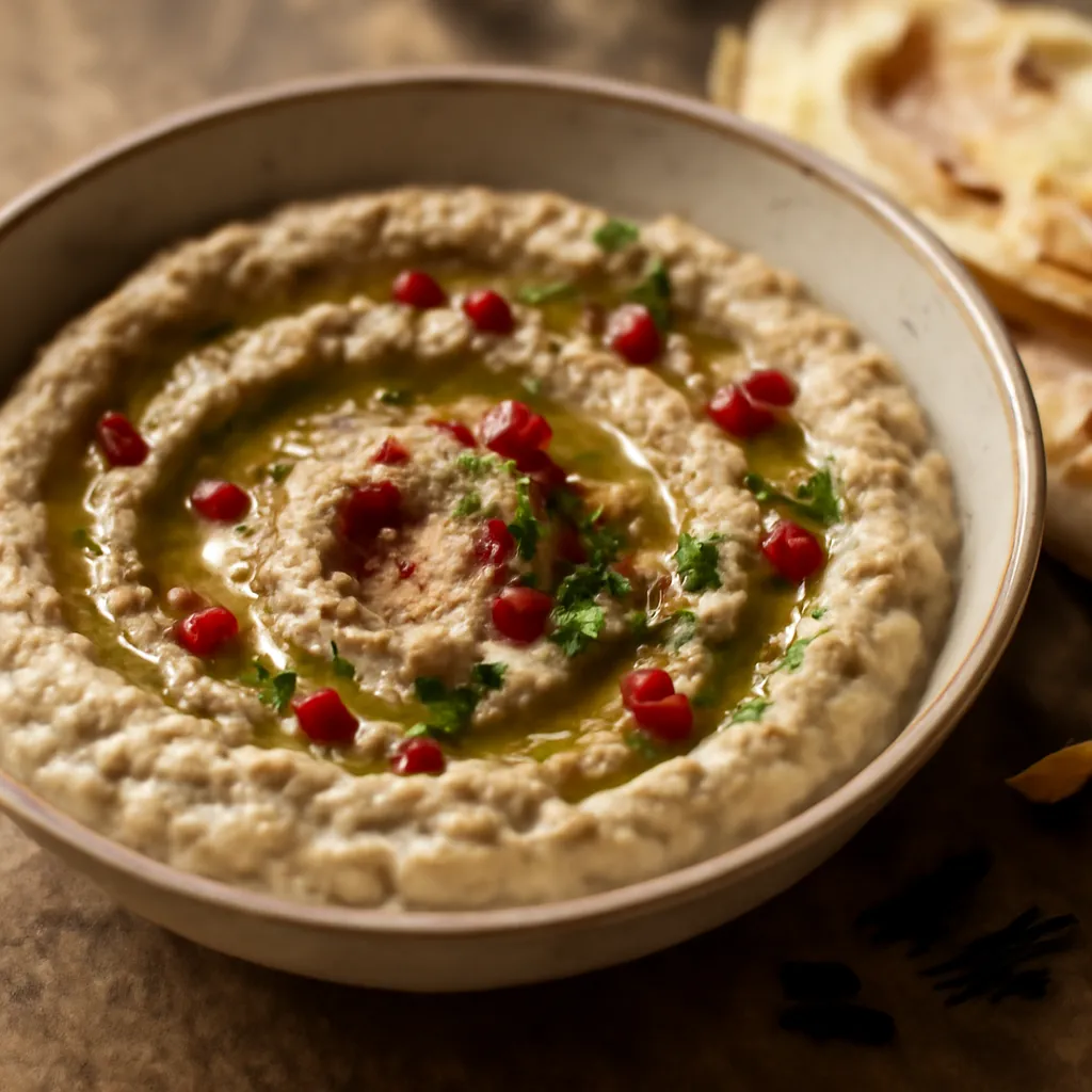 Bowl of smoky baba ganoush swirled with olive oil, pomegranate seeds, parsley and sumac beside warm flatbread
