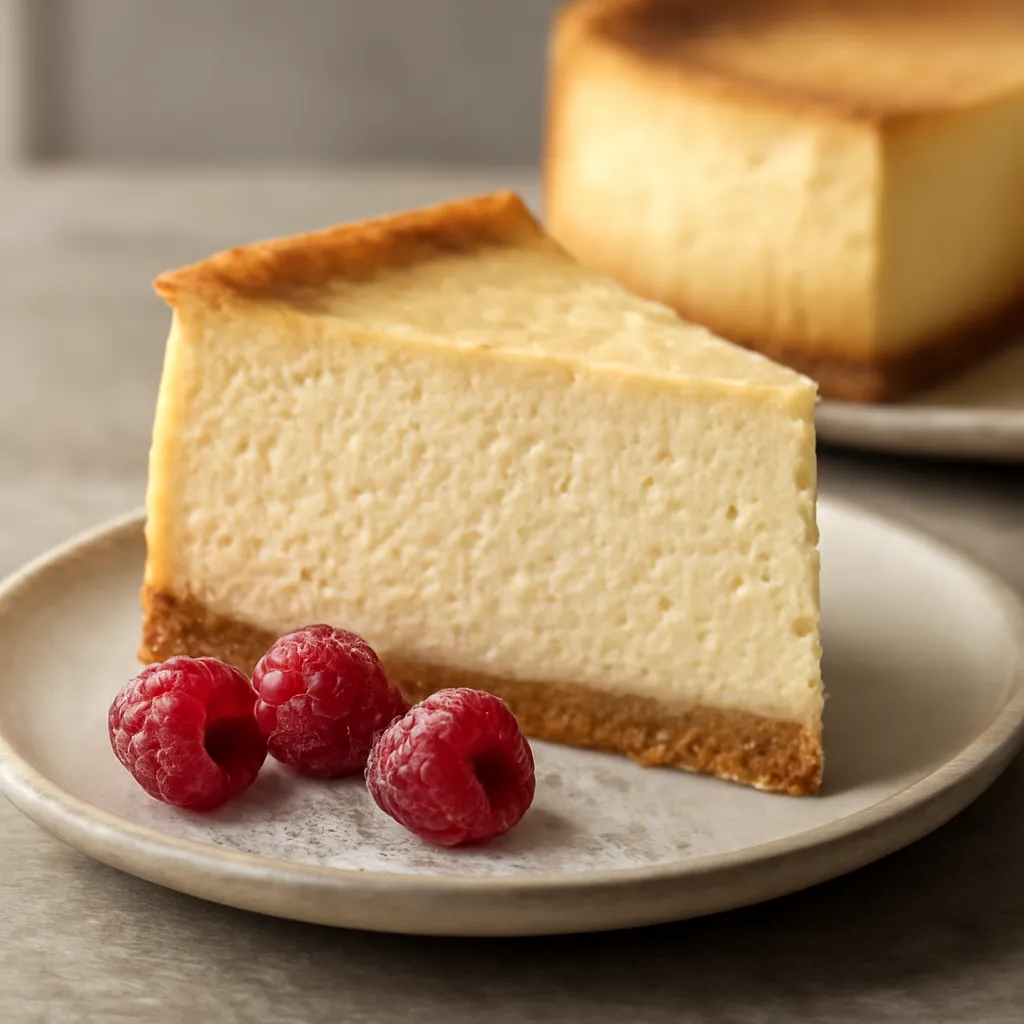 Slice of creamy baked vanilla cheesecake with biscuit base, served with fresh raspberries and icing sugar.