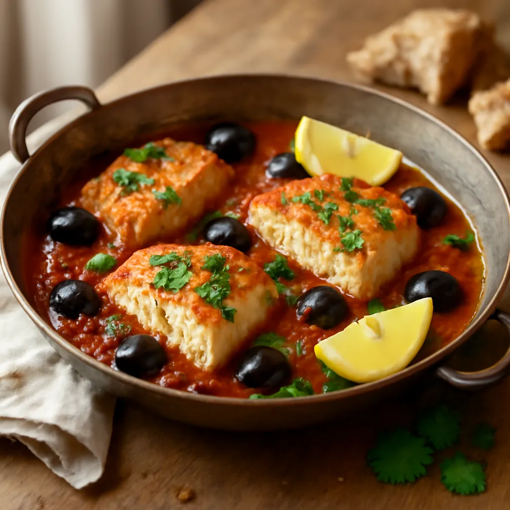 Baked cod fillets in a rich tomato and olive sauce, topped with parsley and served with lemon wedges.