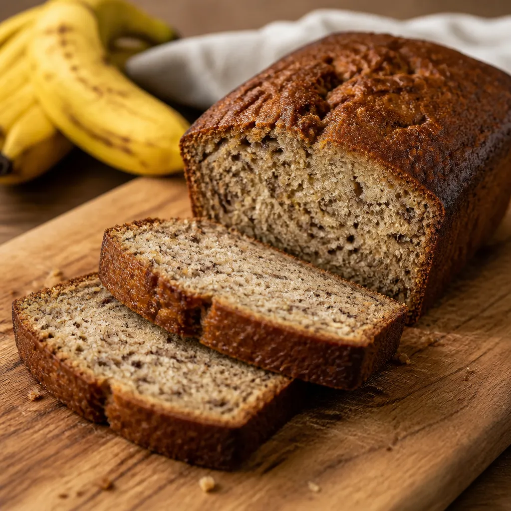 Sliced egg-free banana bread loaf on a wooden board
