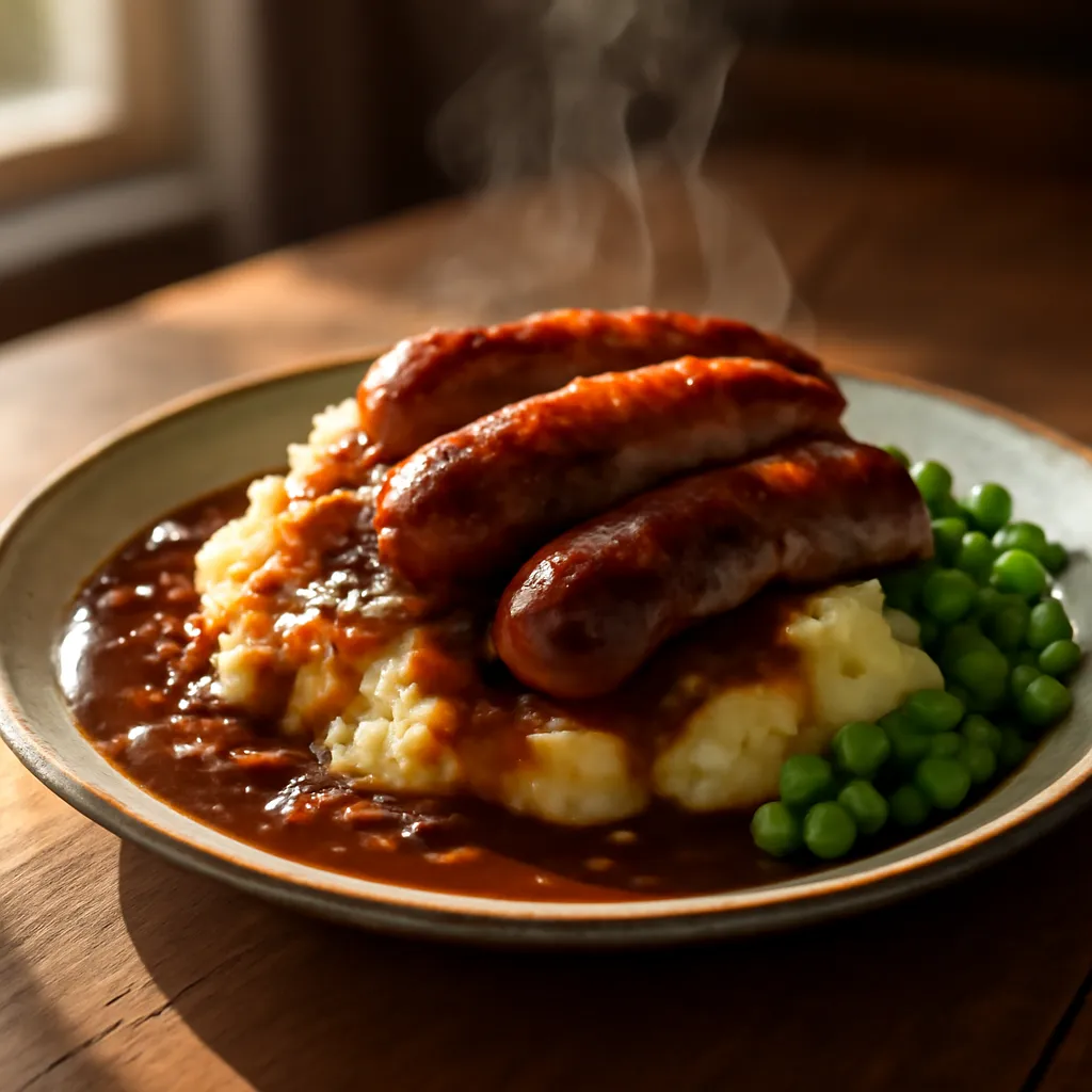Golden browned sausages on creamy mashed potato topped with glossy onion gravy and peas on a rustic plate