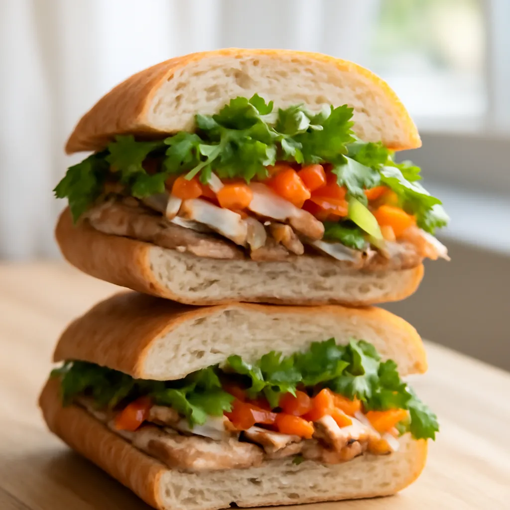 Pork banh mi cut in half showing pickled carrot, cucumber, chilli and coriander in a crisp baguette