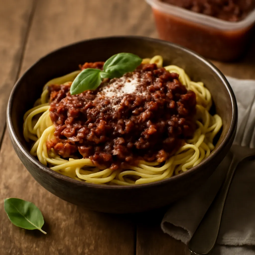 Bowl of rich beef bolognese over tagliatelle, topped with grated Parmesan and fresh basil