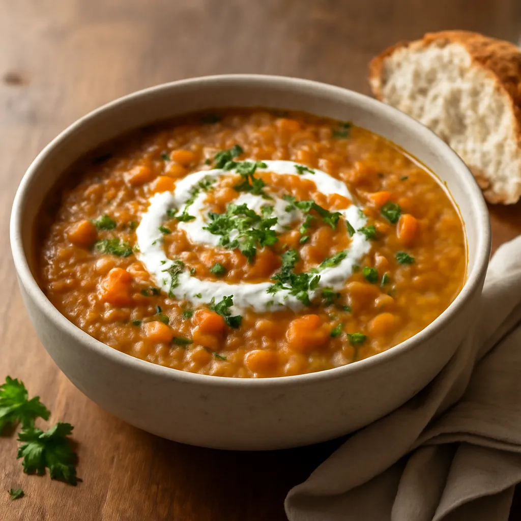 Bowl of thick lentil and vegetable soup topped with parsley and yoghurt, with crusty bread alongside
