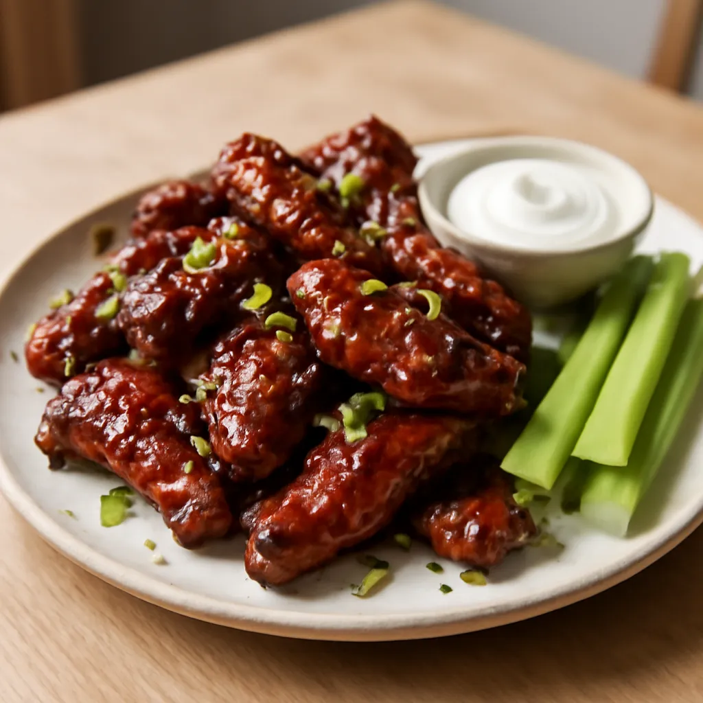 Sticky BBQ chicken wings piled on a white platter with soured cream dip and celery sticks