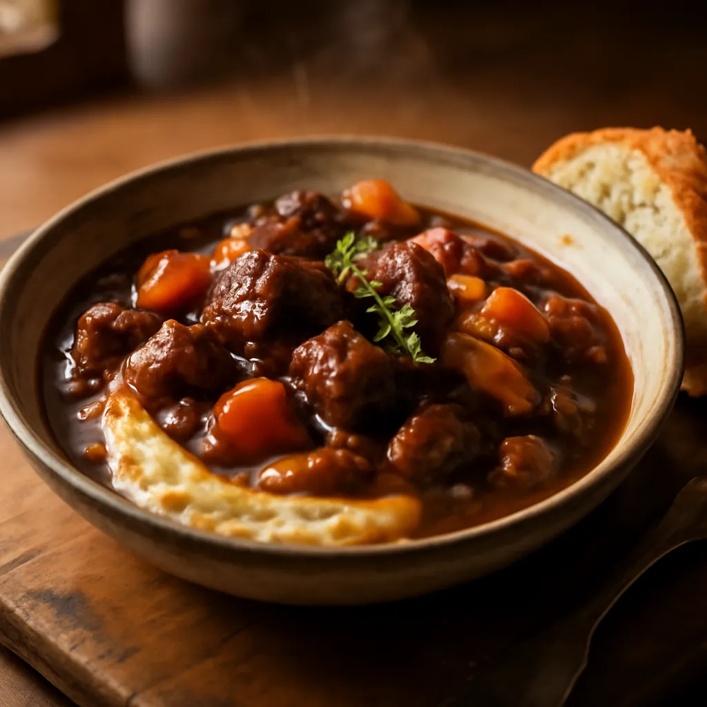 Bowl of beef and ale stew with tender beef and carrots in glossy gravy over creamy mash