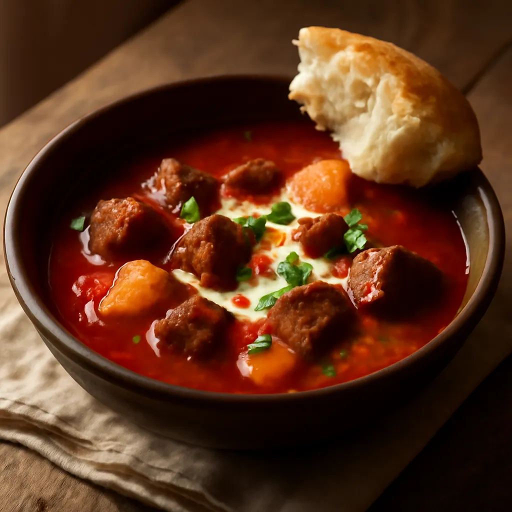 Deep bowl of Hungarian beef goulash with tender beef, potato and a swirl of soured cream, crusty bread alongside