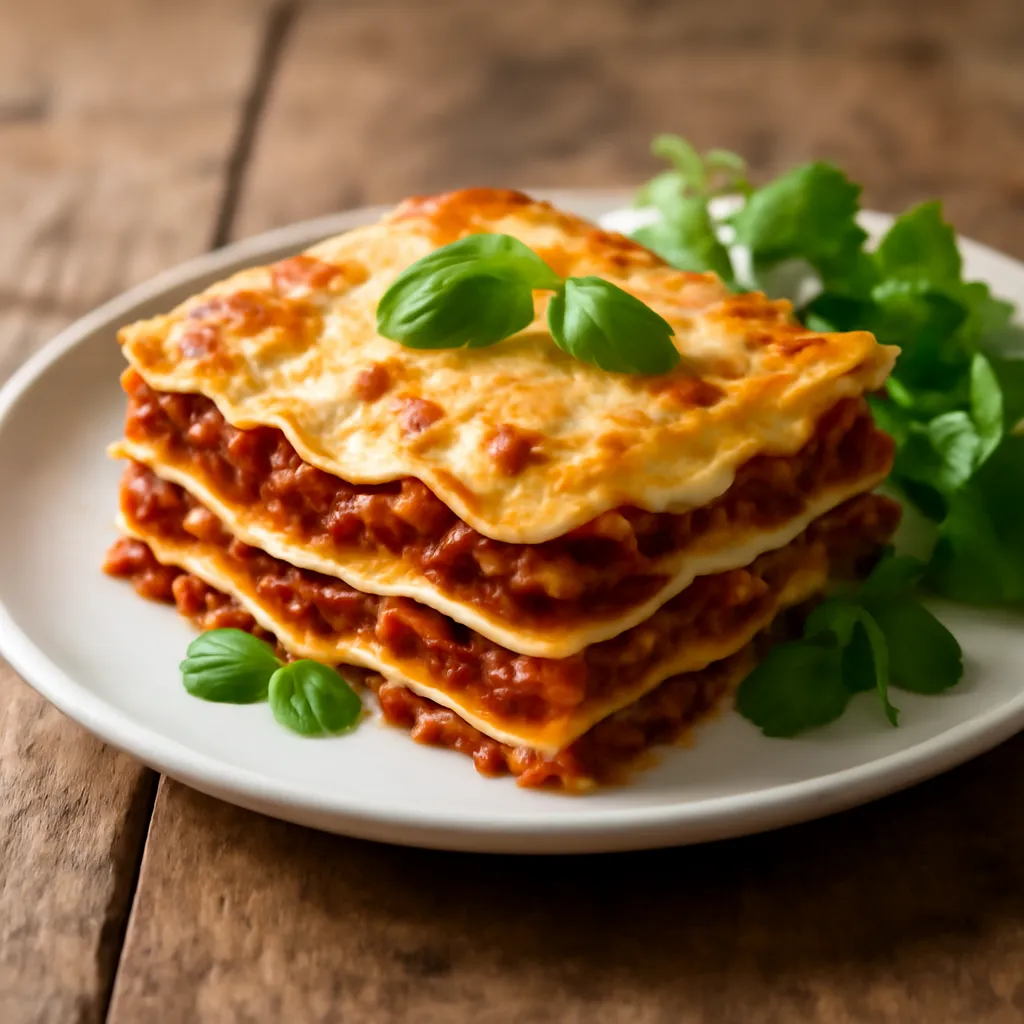 A slice of golden beef lasagne showing layers of beef ragu, white sauce and pasta on a white plate