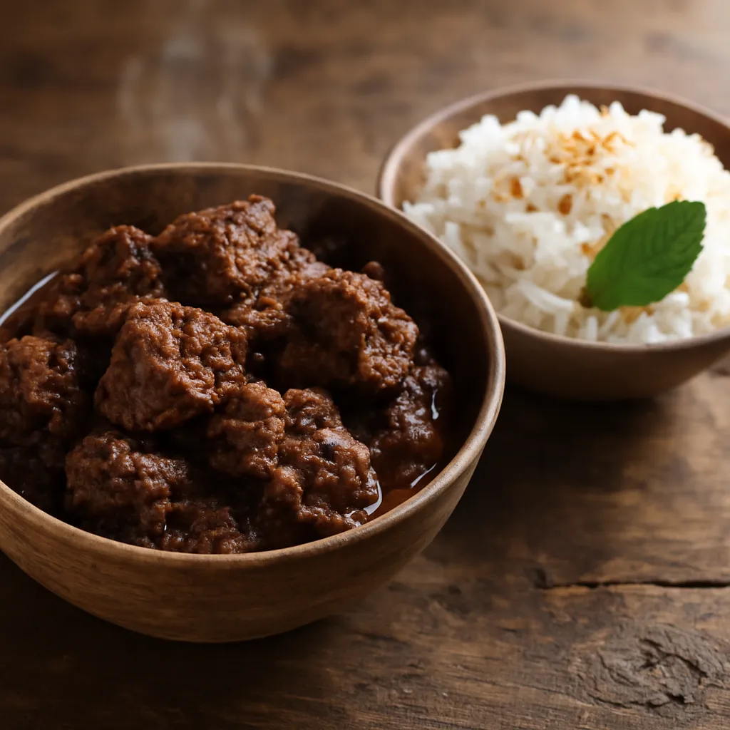 Bowl of dark, glossy beef rendang with tender beef chunks in thick spiced coconut sauce, served with steamed rice