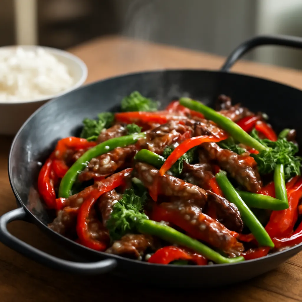 Beef stir fry with peppers, broccoli and spring onions in a glossy sauce, served in a bowl with rice.