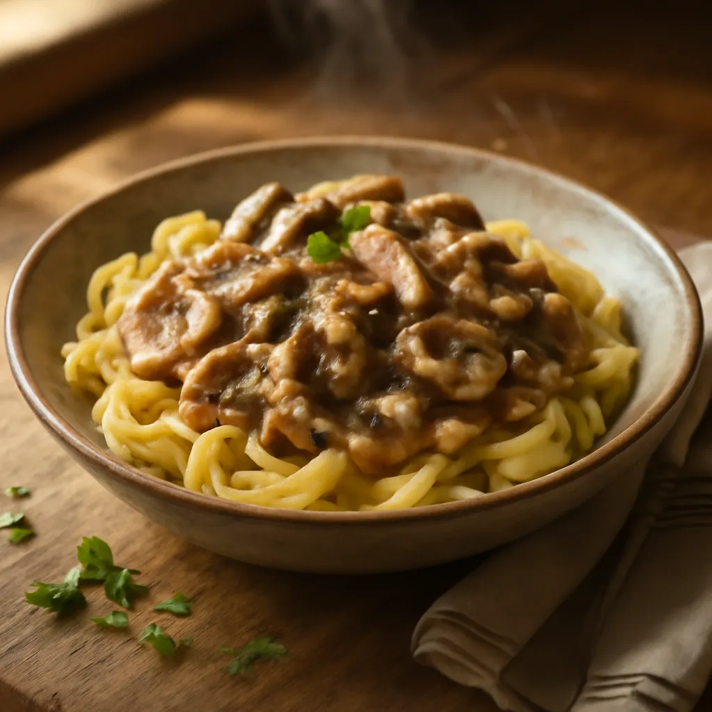 Bowl of creamy beef stroganoff with mushrooms over tagliatelle, topped with parsley.