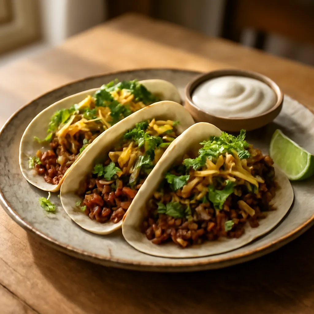 Three soft beef tacos topped with lettuce, grated cheese and coriander on a plate with lime wedges
