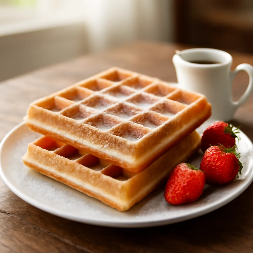 Golden Belgian waffles dusted with icing sugar, served with fresh strawberries and maple syrup
