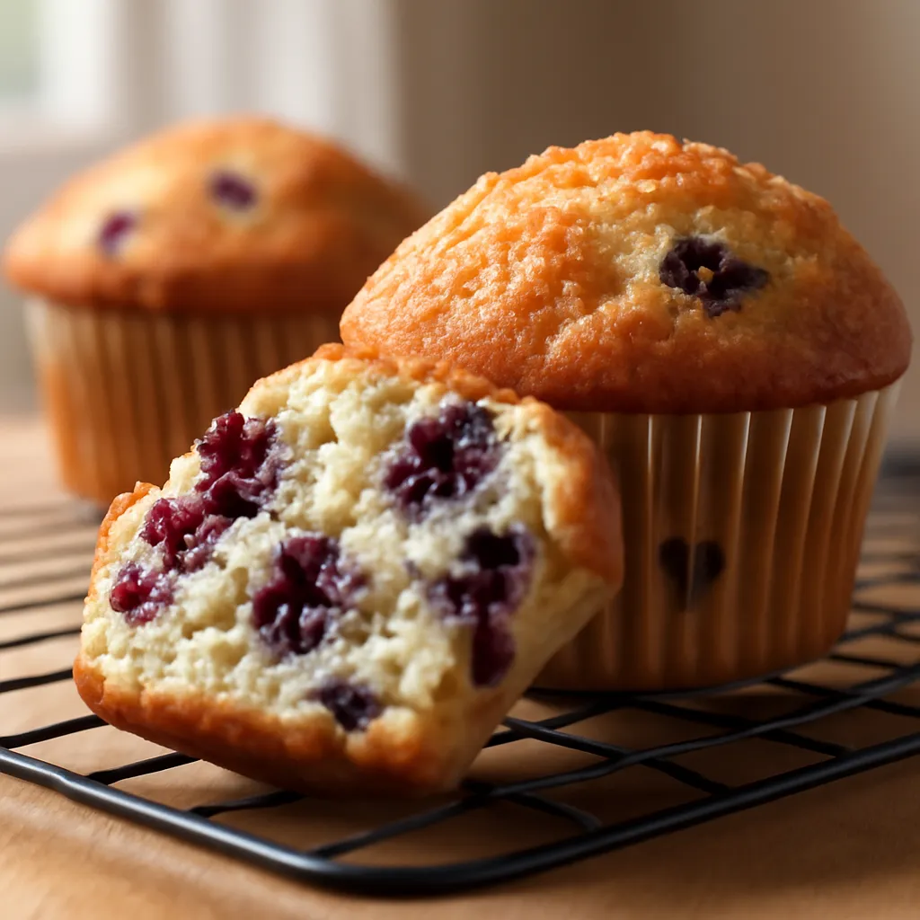Tall golden blueberry muffin with a sugar-crusted top in a paper case, one split open showing a soft berry-studded crumb