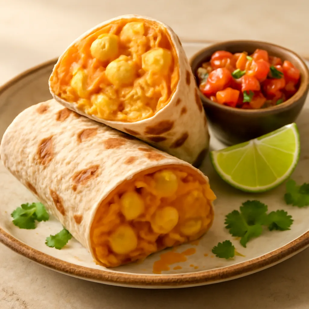 Tex-Mex breakfast burrito cut in half showing soft scrambled egg, potato and melted cheese, with salsa and lime