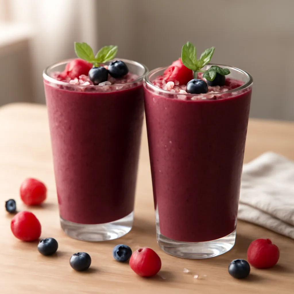 Two tall glasses of thick purple berry smoothie topped with fresh berries and mint in soft morning light