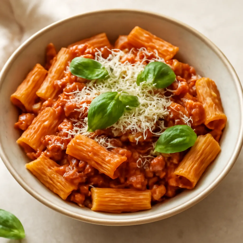 Sausage pasta in a rich tomato sauce topped with grated Parmesan in a bowl