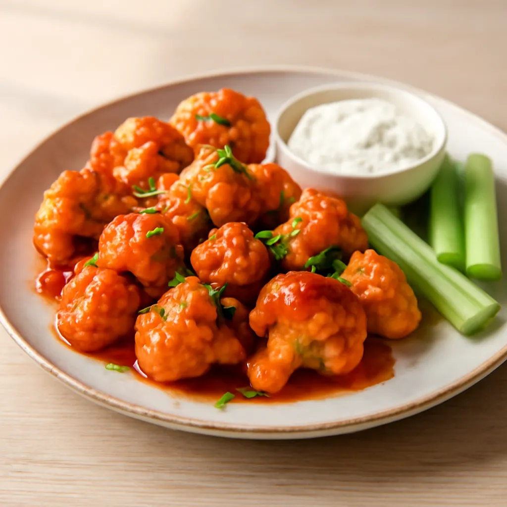 Plate of crispy oven-baked Buffalo cauliflower bites in orange sauce with a blue cheese dip and celery sticks