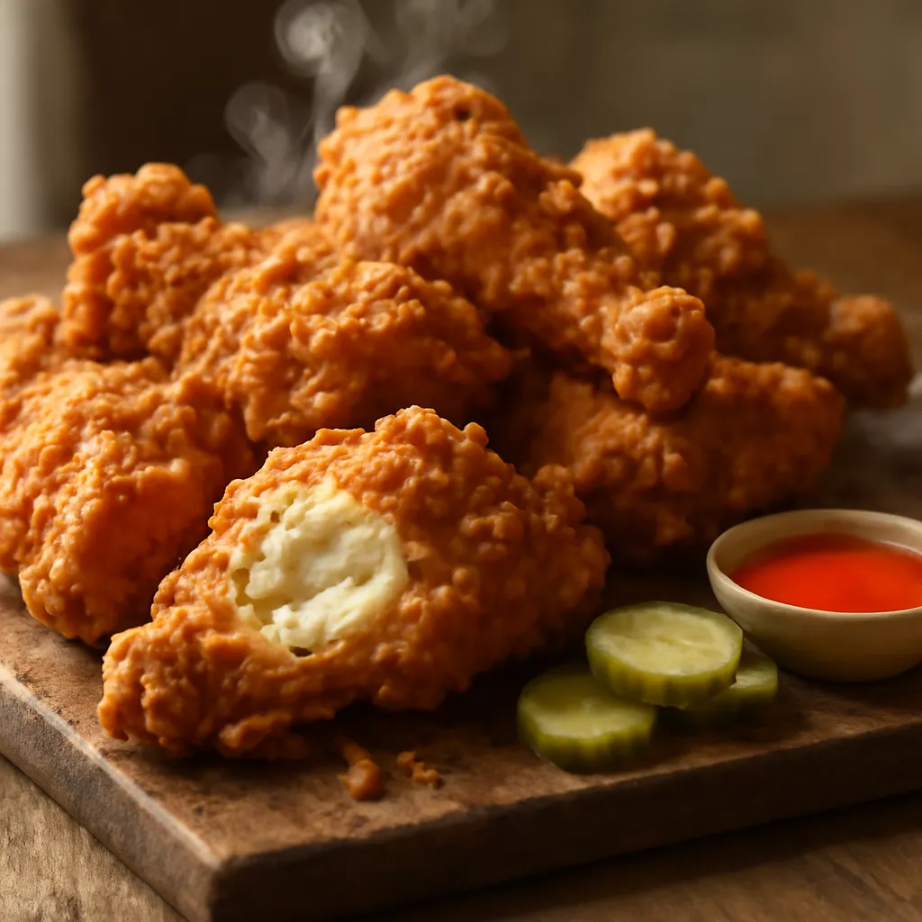 Golden crispy buttermilk fried chicken pieces piled on a wooden board with pickles and hot sauce