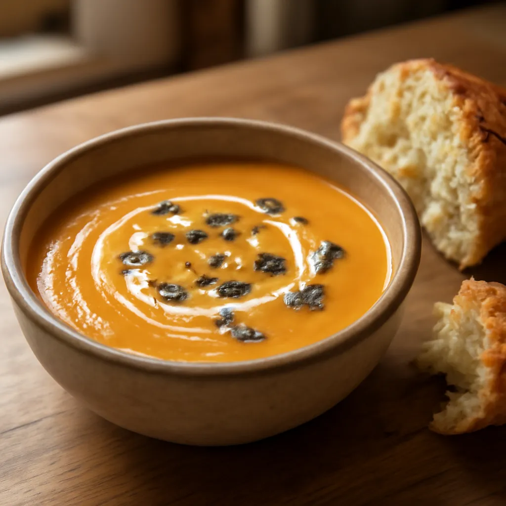 Bowl of golden roasted butternut squash soup with a swirl of cream, pumpkin seeds and crusty bread alongside.