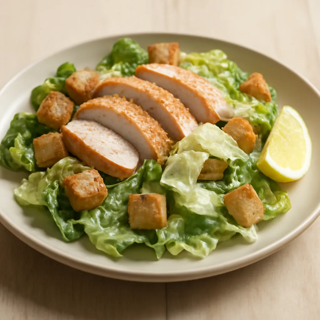 Chicken Caesar salad with cos lettuce, golden croutons, sliced chicken and shaved parmesan on a white plate