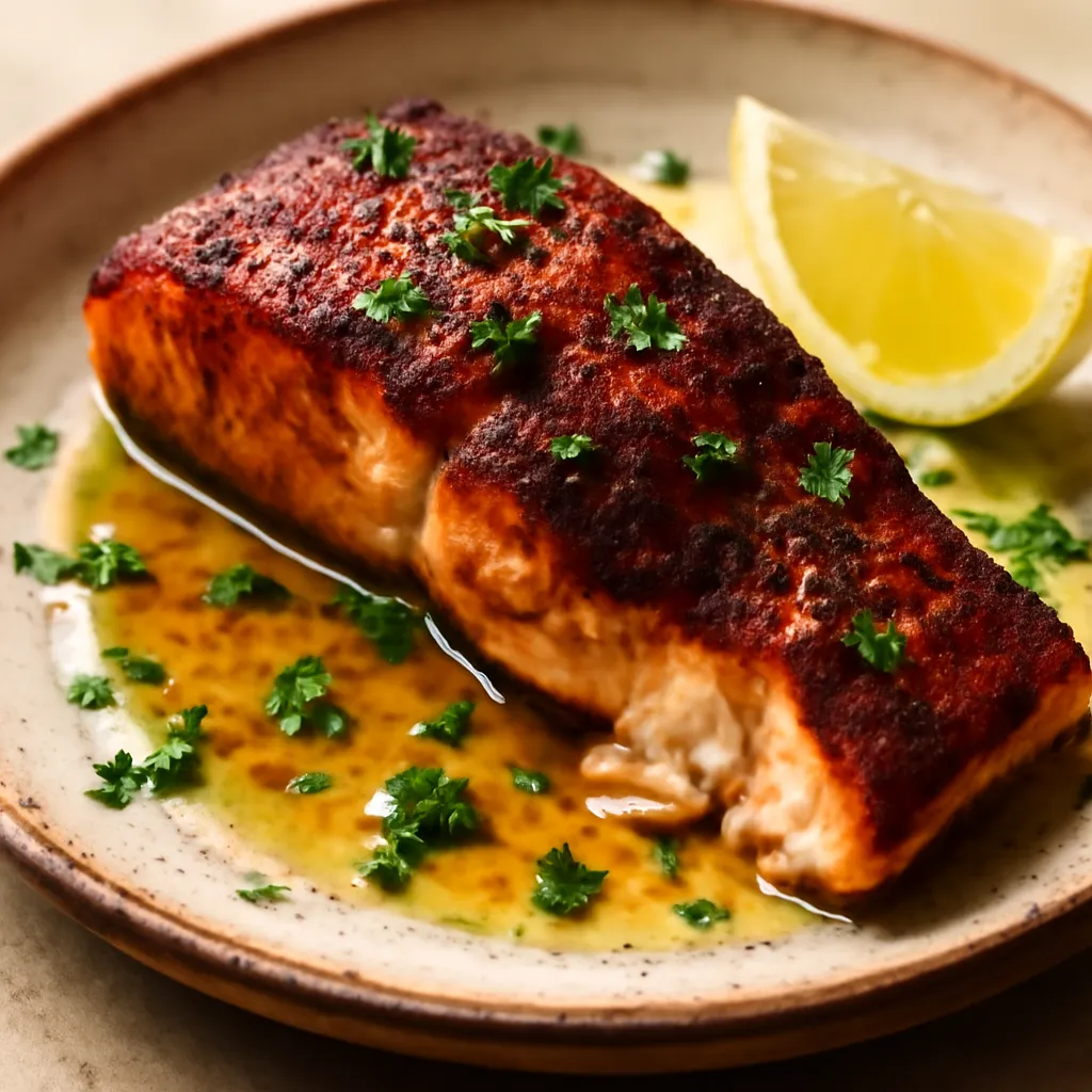 Pan-seared Cajun salmon fillet with a spiced crust, melted butter, fresh parsley and a lemon wedge