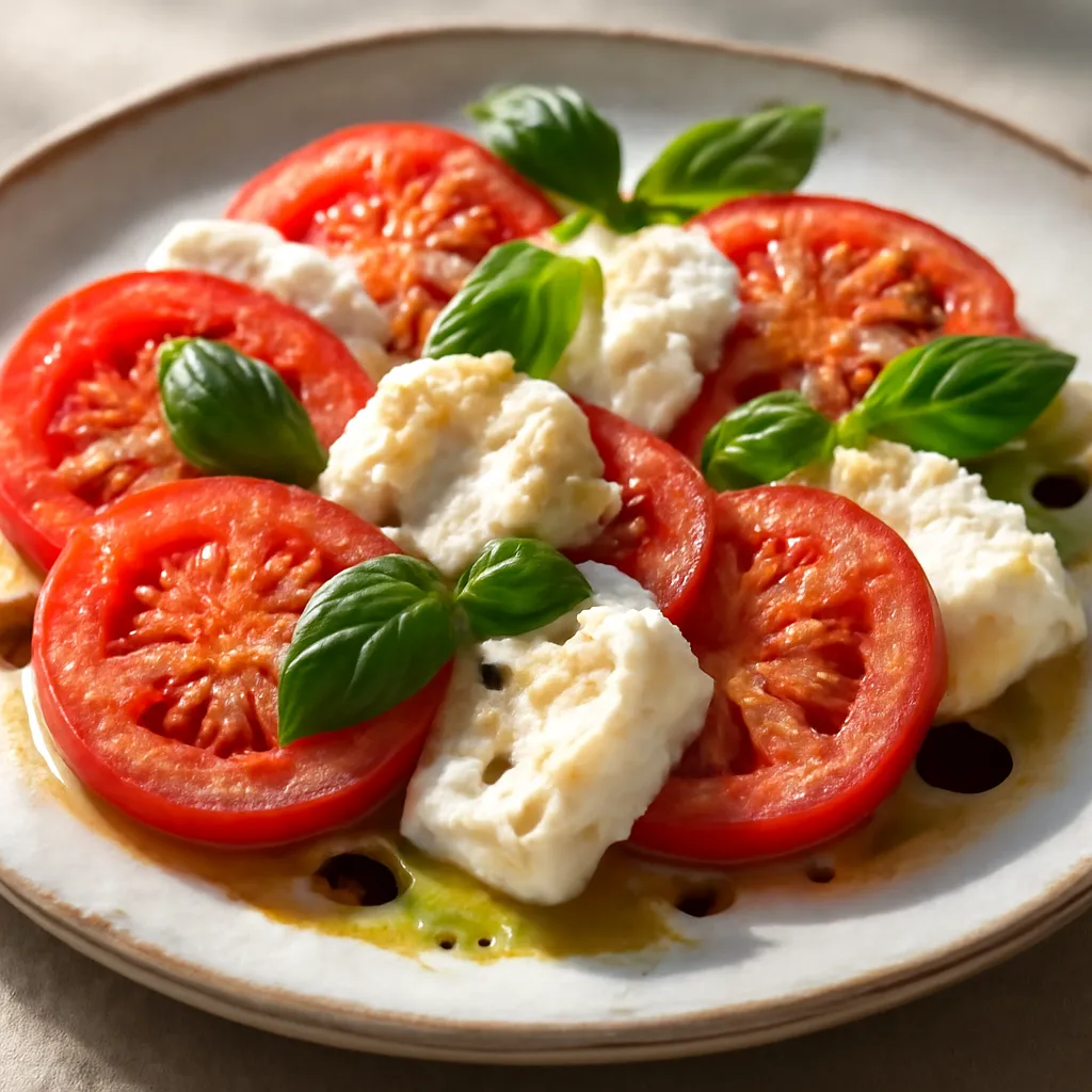 Caprese salad with sliced red tomato, torn fresh mozzarella and basil leaves, drizzled with olive oil