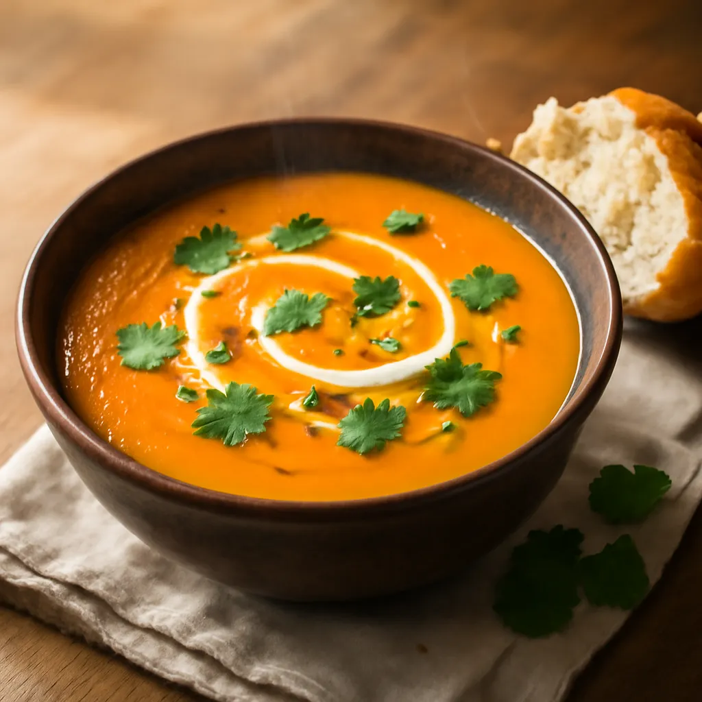 Bowl of smooth orange carrot and coriander soup swirled with cream and topped with fresh coriander, crusty bread beside it.