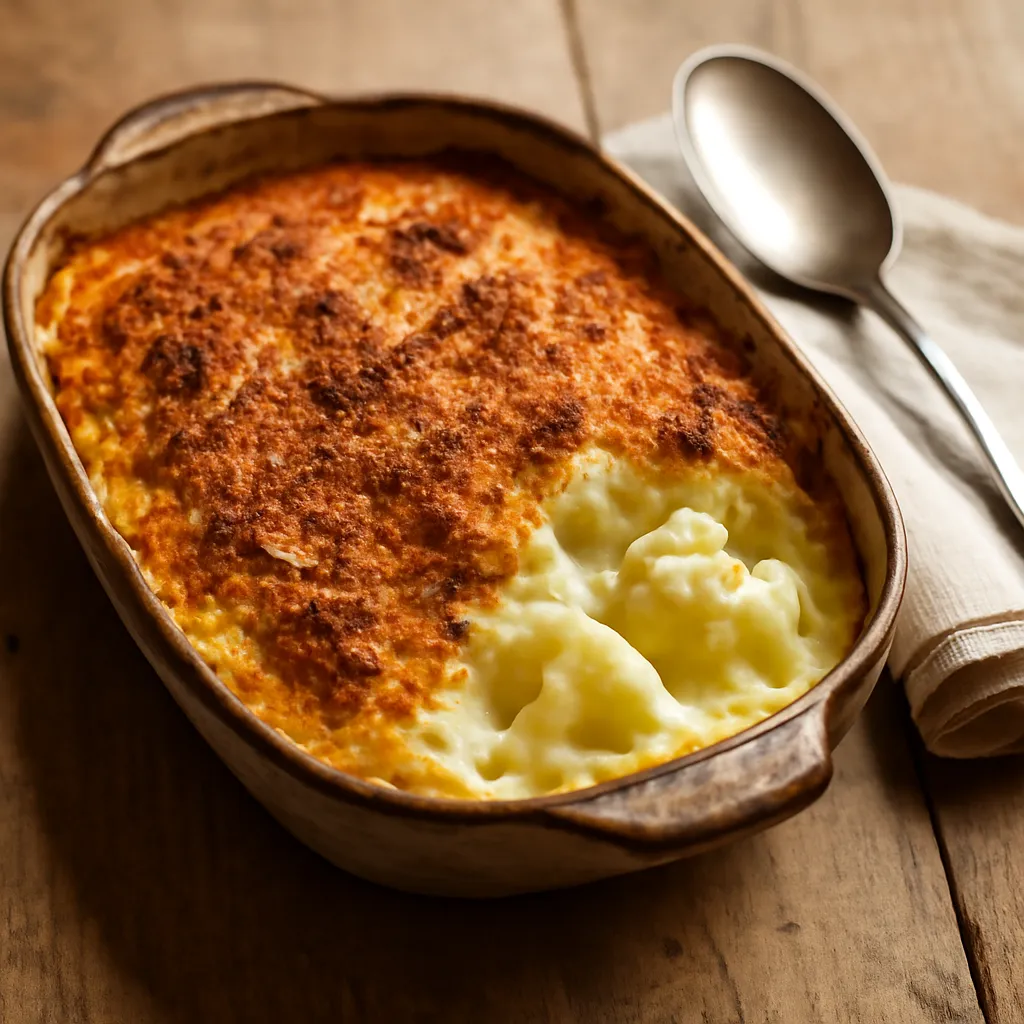 Golden baked cauliflower cheese in a ceramic dish with a crisp cheesy crumb top and bubbling cheddar sauce.