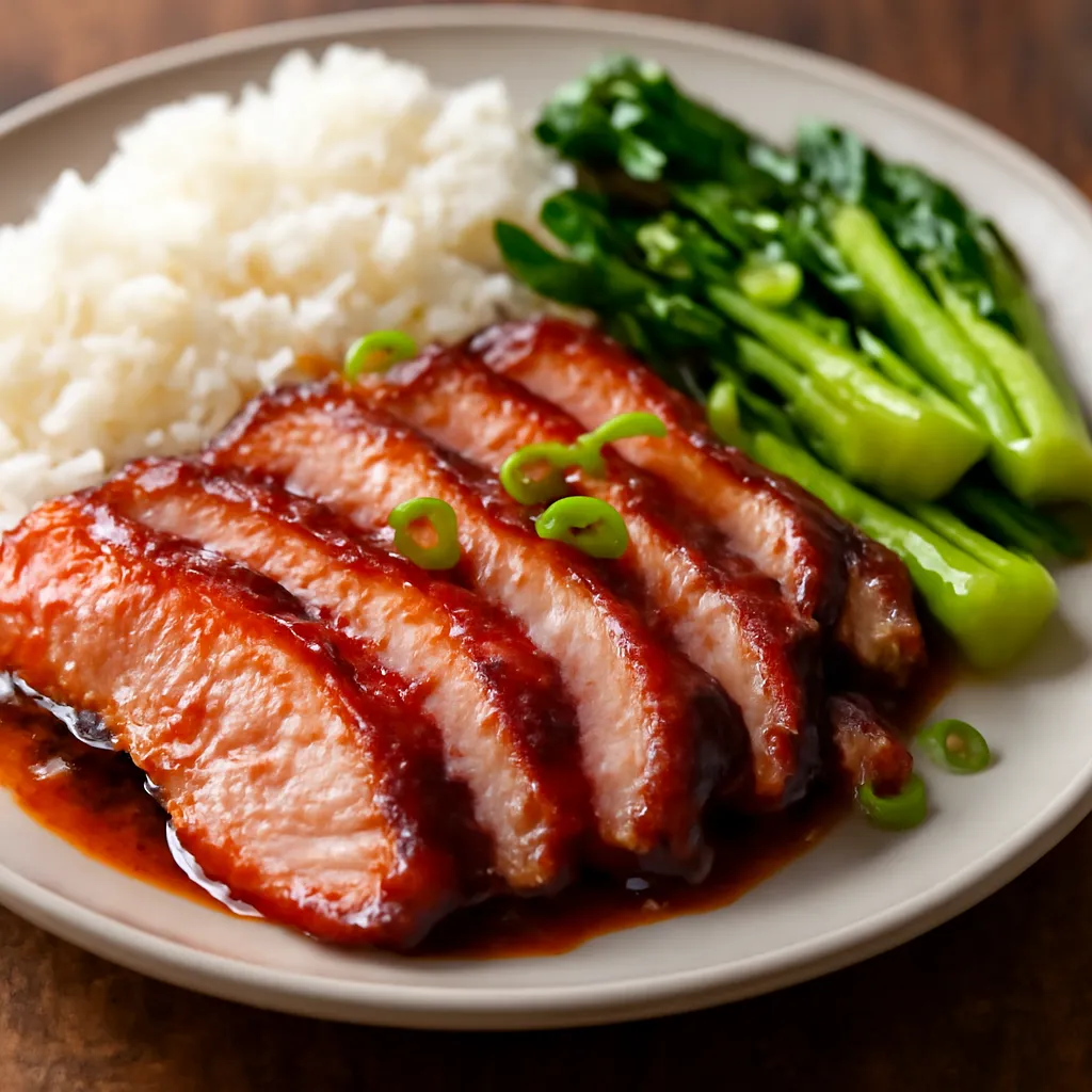Sliced sticky char siu pork with glossy caramelised edges on a plate with rice and greens