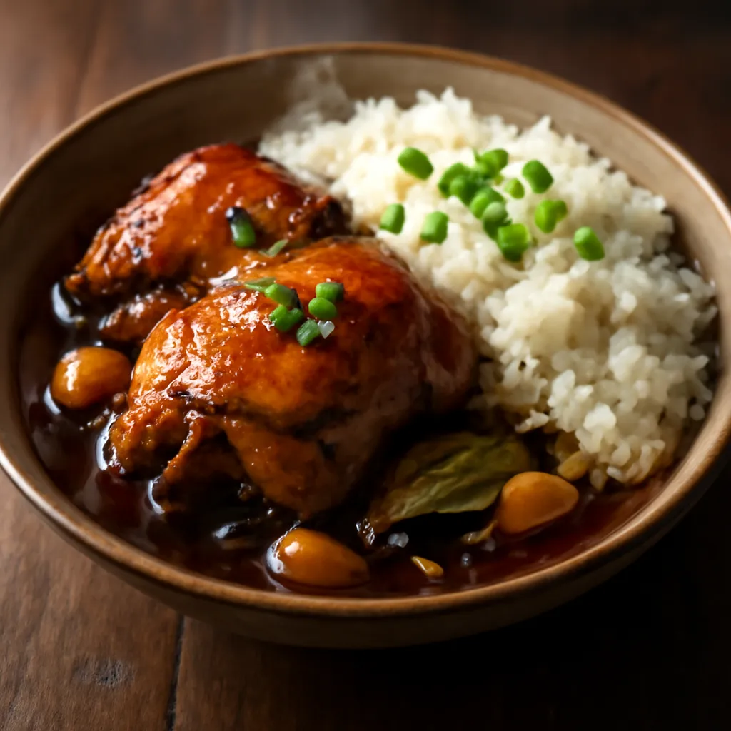 Filipino chicken adobo with golden chicken thighs in glossy dark soy-vinegar sauce, served with steamed white rice.