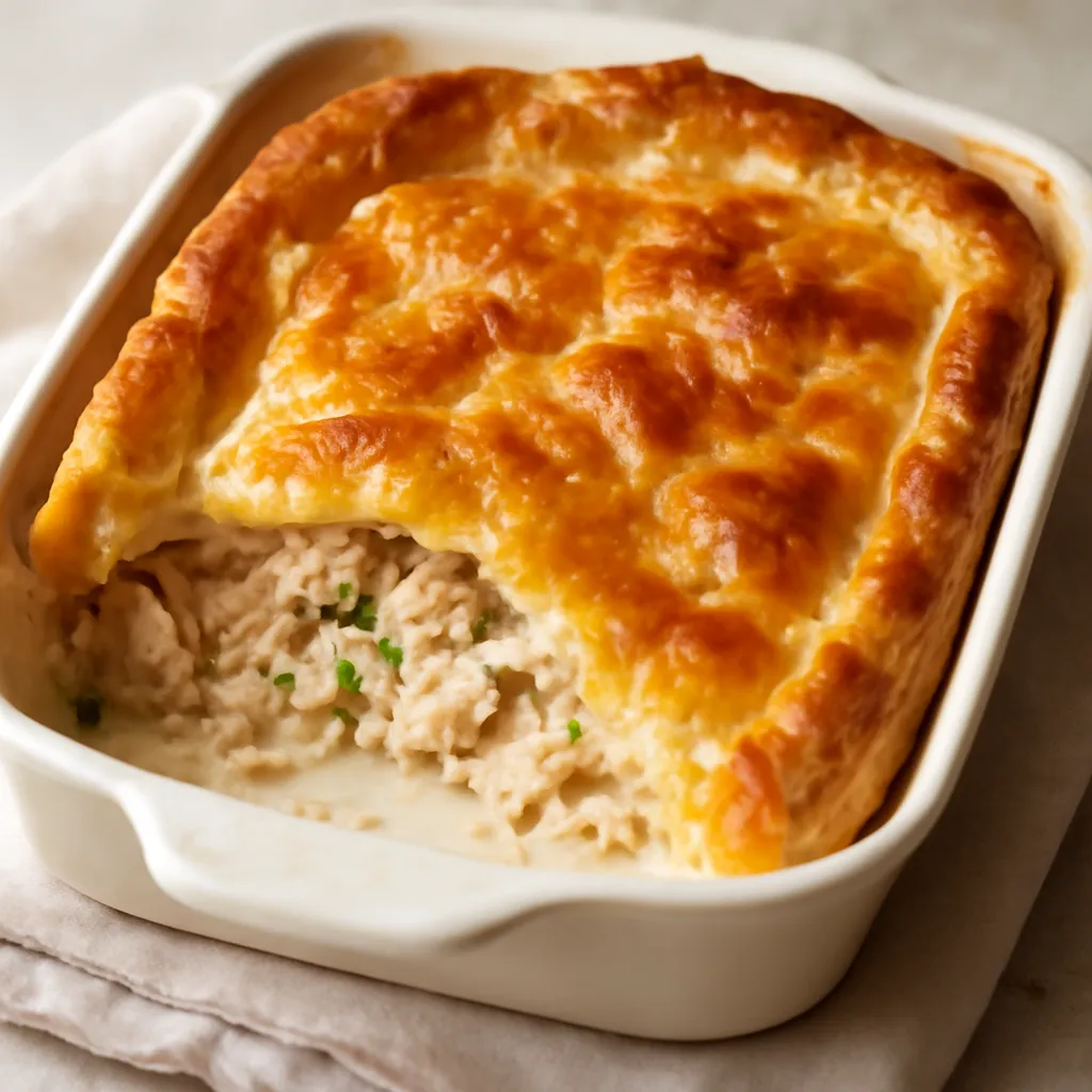 Golden puff pastry chicken and leek pie with a slice removed showing the creamy filling