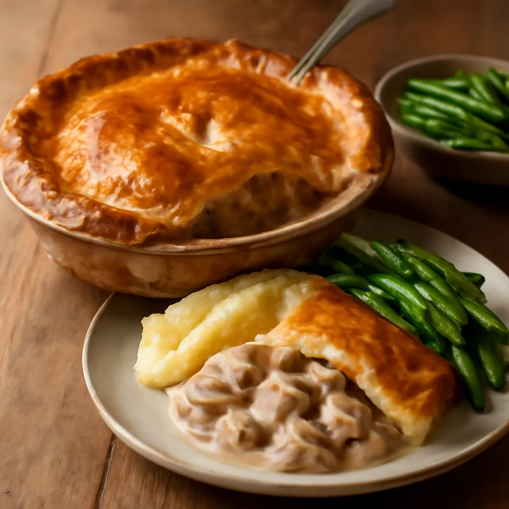 Golden puff pastry chicken and mushroom pie in a dish with a portion served showing the creamy filling.