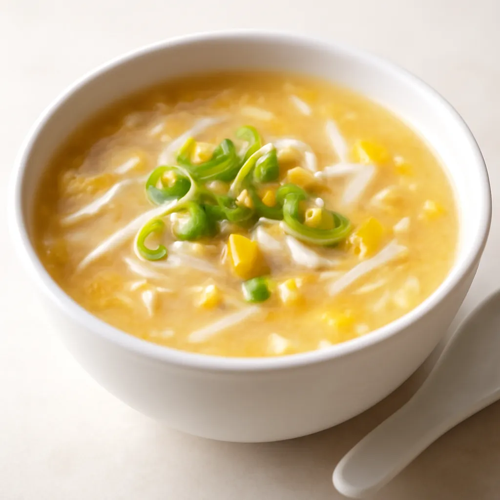 Bowl of Chinese chicken and sweetcorn soup with egg ribbons, sweetcorn and sliced spring onions