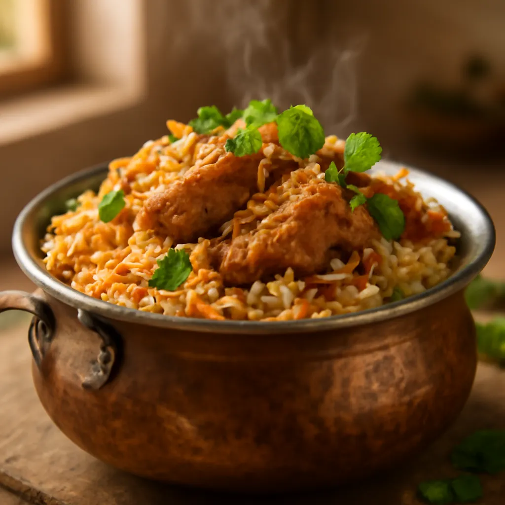 Chicken biryani in a copper pot with saffron-streaked basmati, spiced chicken, crispy onions and fresh herbs