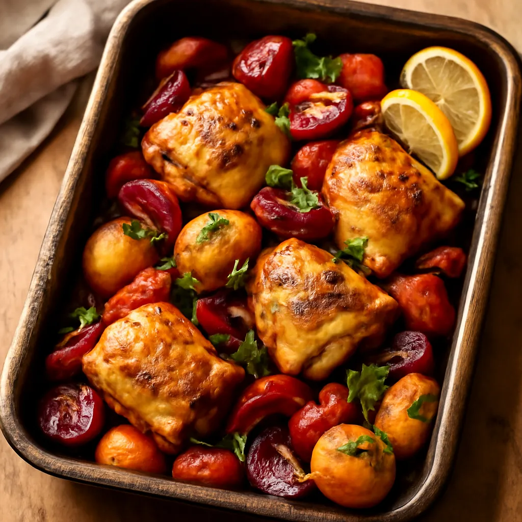 Roasting tin of golden chicken thighs with chorizo, peppers, red onion and new potatoes, scattered with parsley and lemon wedges.