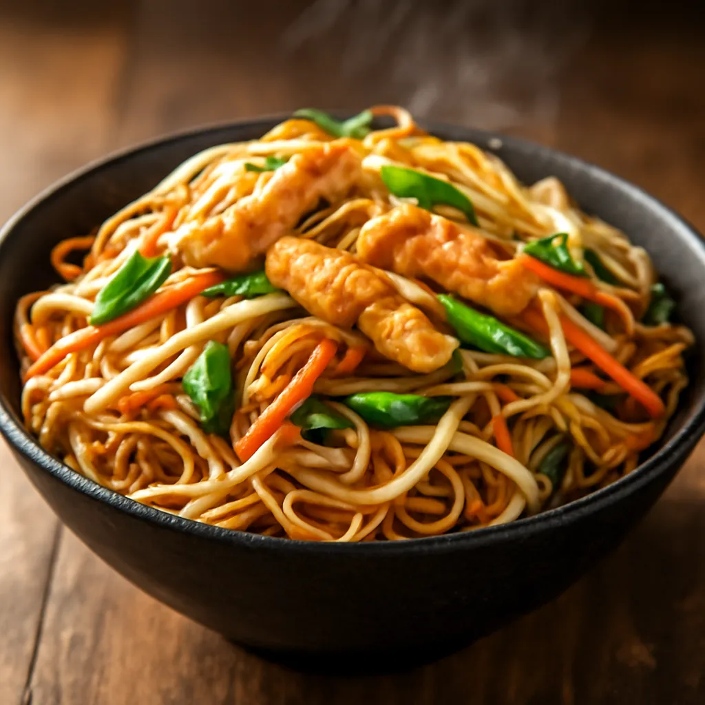 Bowl of chicken chow mein with egg noodles, chicken strips, carrot, beansprouts and spring onions in a glossy soy sauce