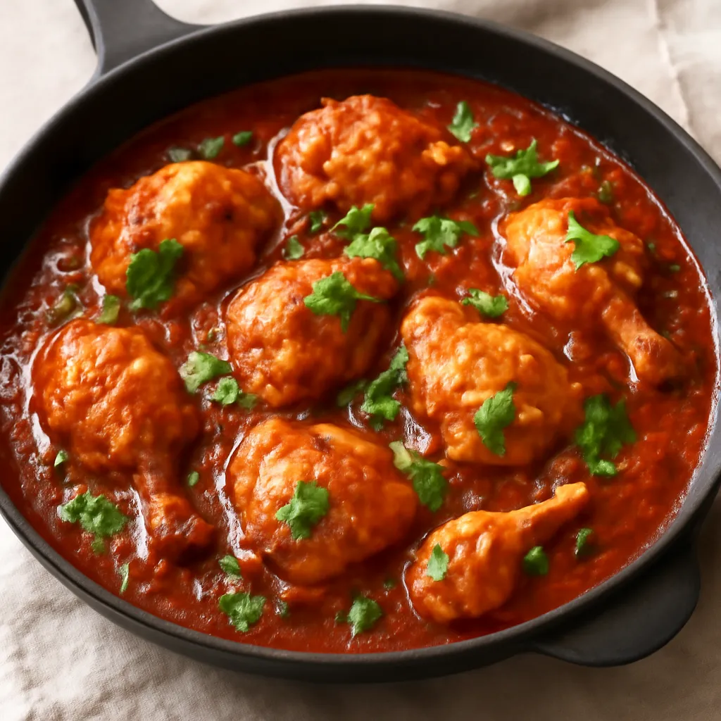 Tomato-based chicken curry without coconut milk in a pan, garnished with coriander