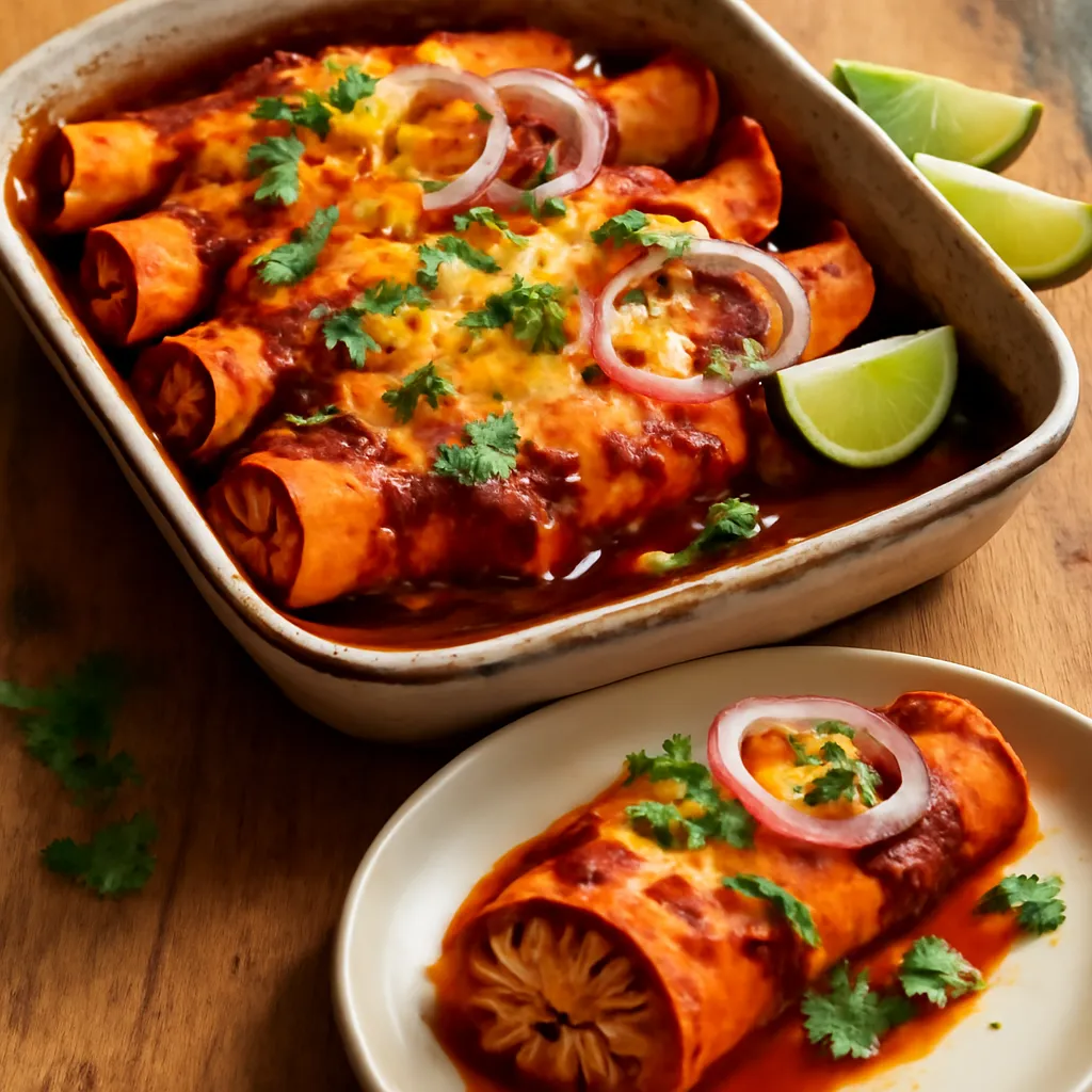 Baked chicken enchiladas in red chilli sauce topped with melted cheese, coriander and red onion with lime wedges