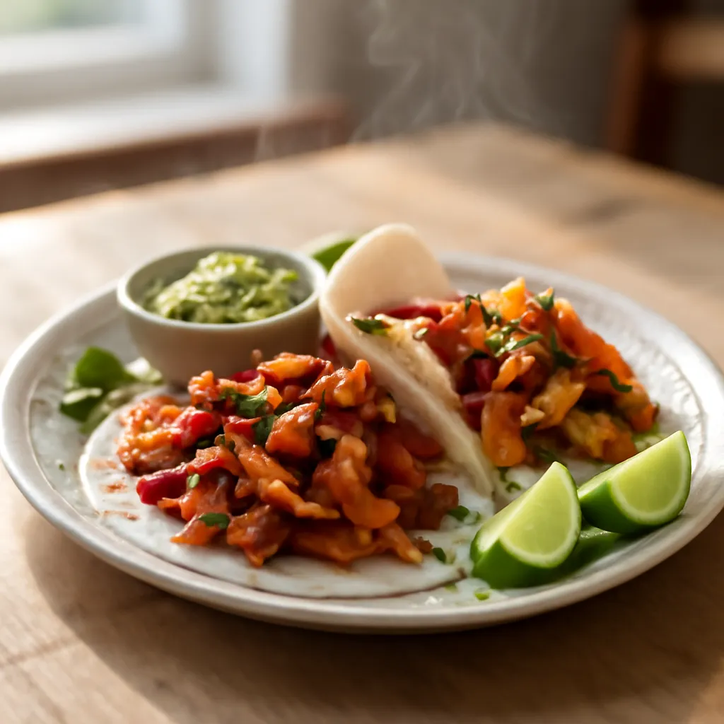 Open flour tortillas filled with seared chicken strips, charred peppers and onions, with guacamole, coriander and lime wedges.