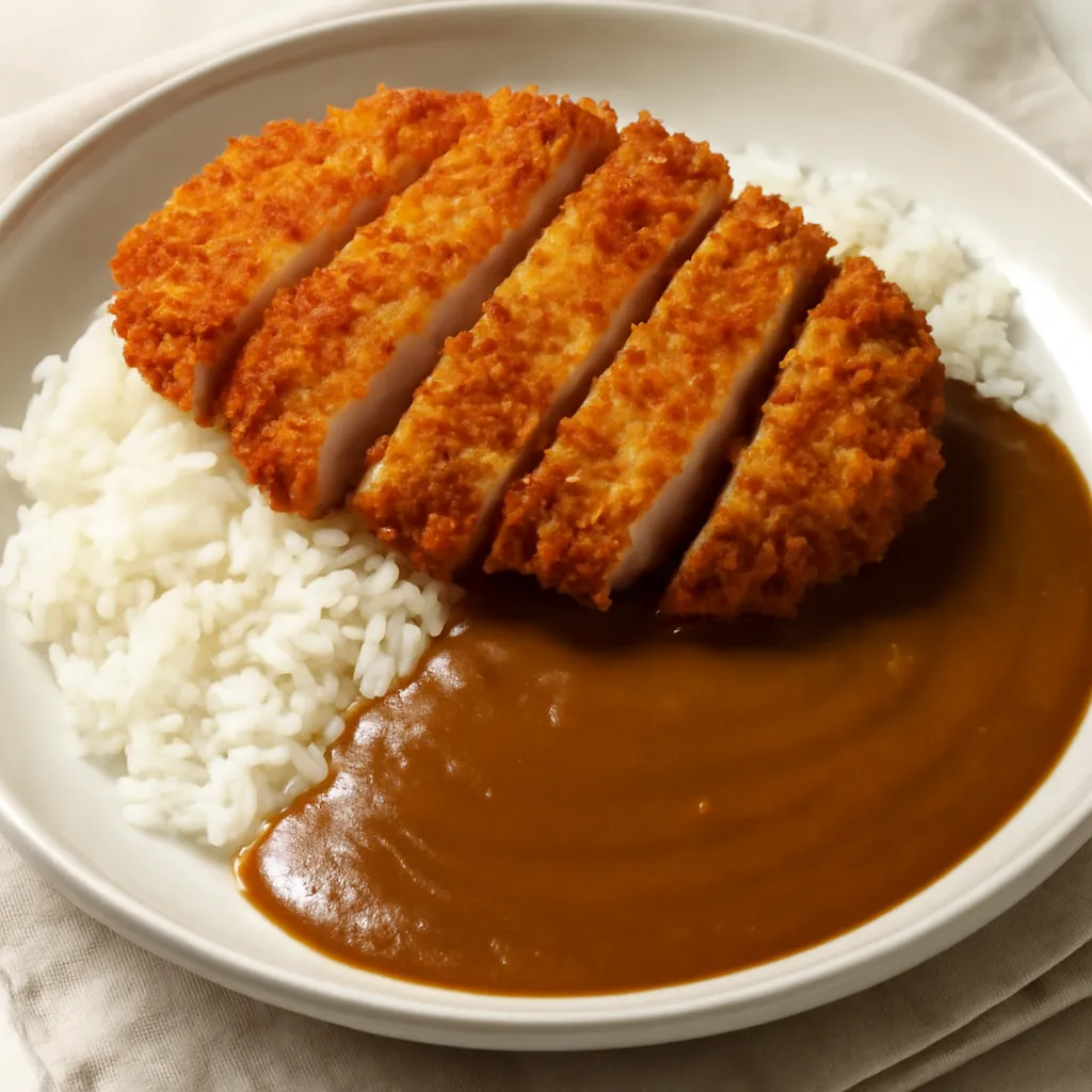 Sliced crispy katsu chicken over rice with katsu curry sauce poured alongside