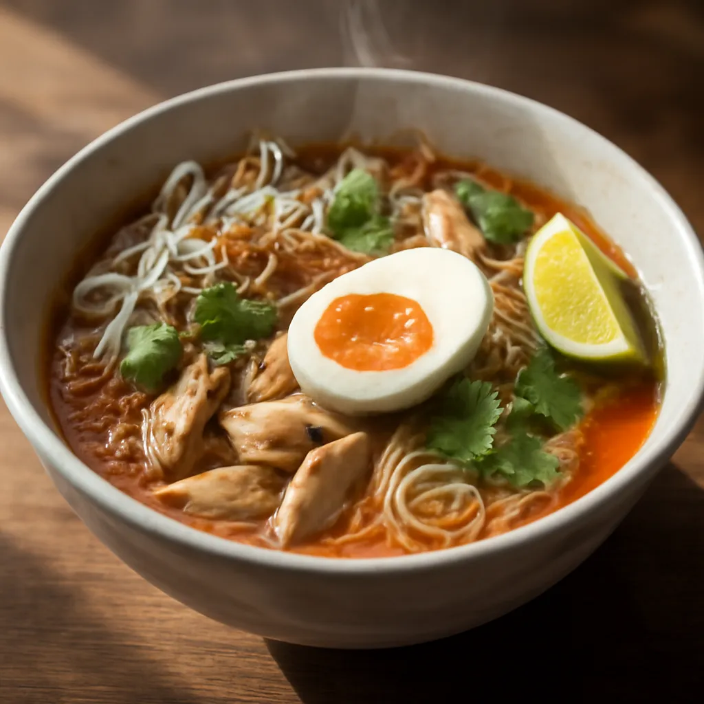 Bowl of chicken laksa with orange coconut broth, noodles, chicken, soft egg, beansprouts, coriander and lime