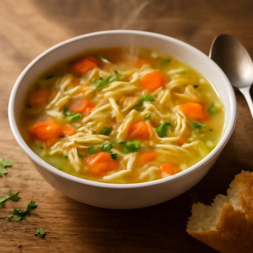 White bowl of golden chicken noodle soup with shredded chicken, carrots, celery, egg noodles and parsley.