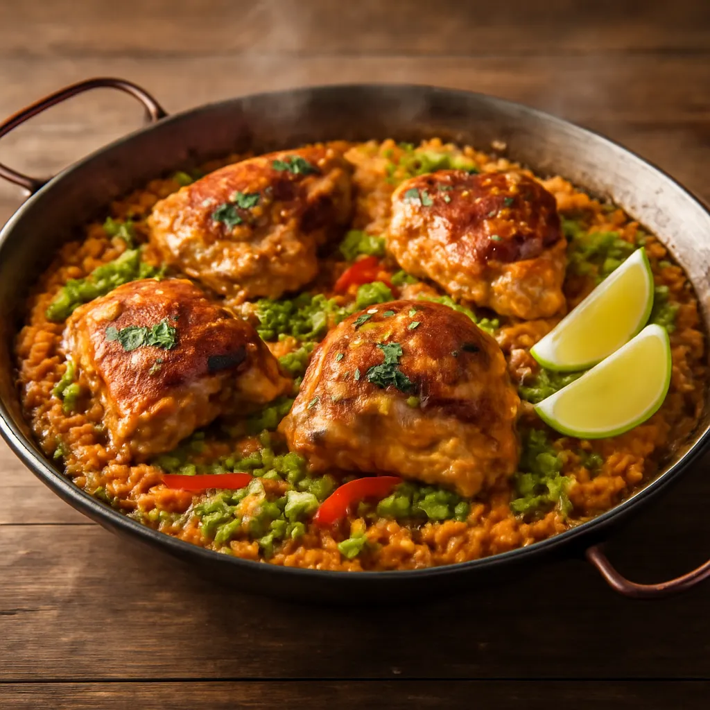 Chicken paella in a wide pan with golden saffron rice, browned chicken thighs, red pepper, green beans, parsley and lemon