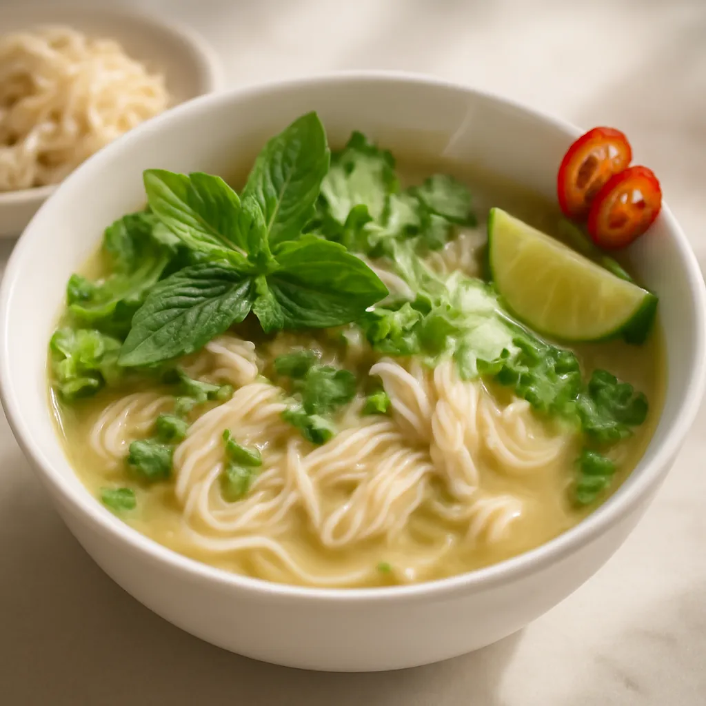Bowl of Vietnamese chicken pho with clear broth, rice noodles, shredded chicken, fresh herbs, chilli and lime.