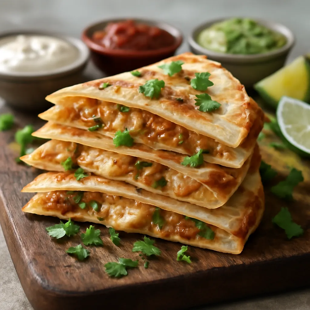 Golden chicken quesadilla wedges with melting cheese on a wooden board, served with salsa, soured cream and guacamole